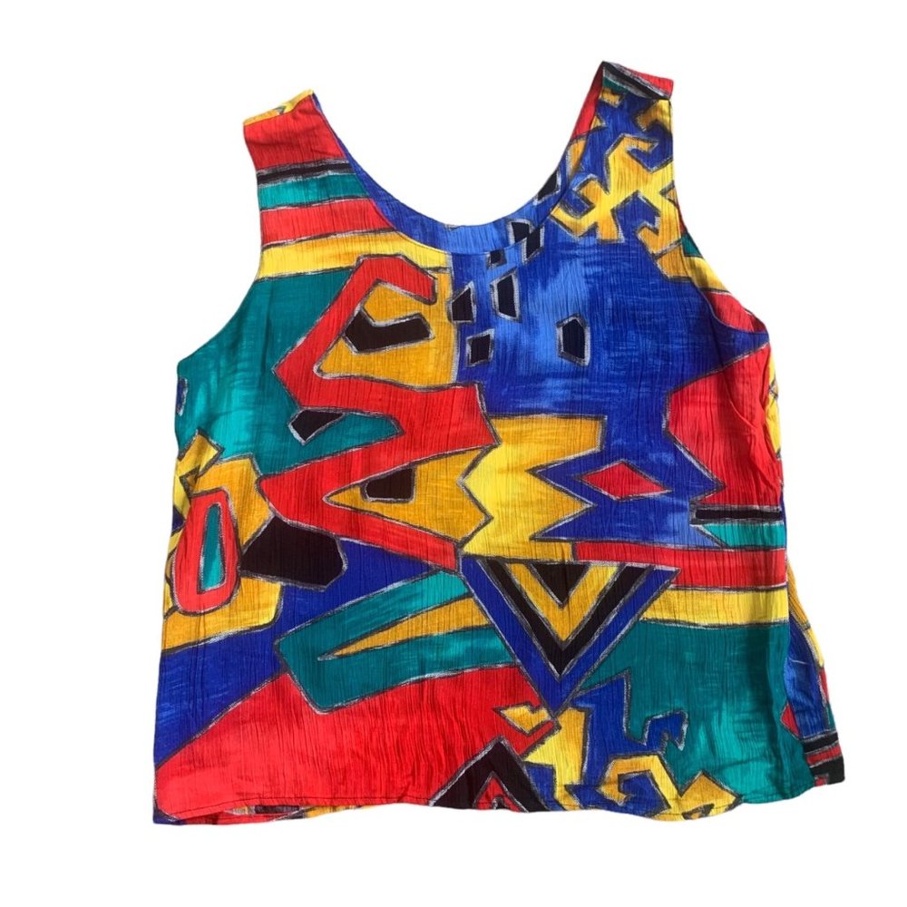 Vintage 100% Rayon Abstract Print Sleeveless Blouse USA L